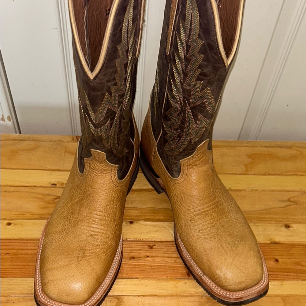 Lucchese Tan and Brown Cowboy Boots with Traditional Design